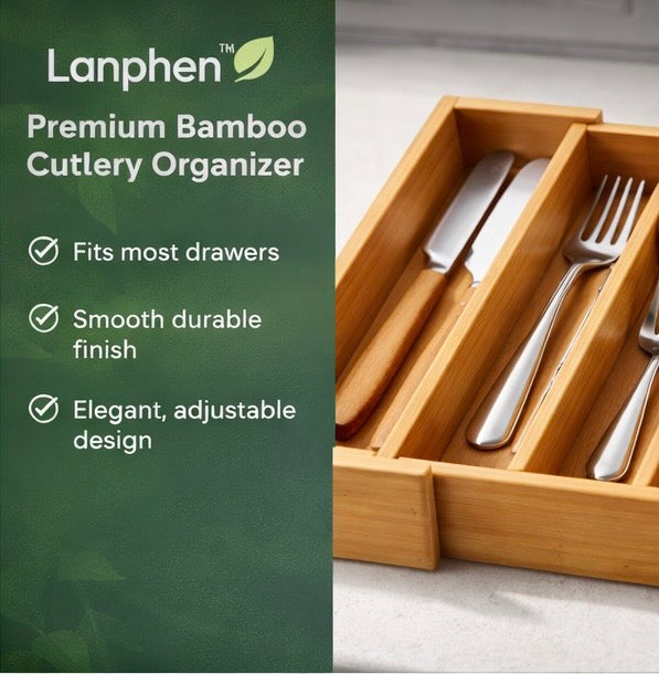 Lanphen™️ Expandable Bamboo Cutlery Organizer – 7 Compartment Drawer Organizer