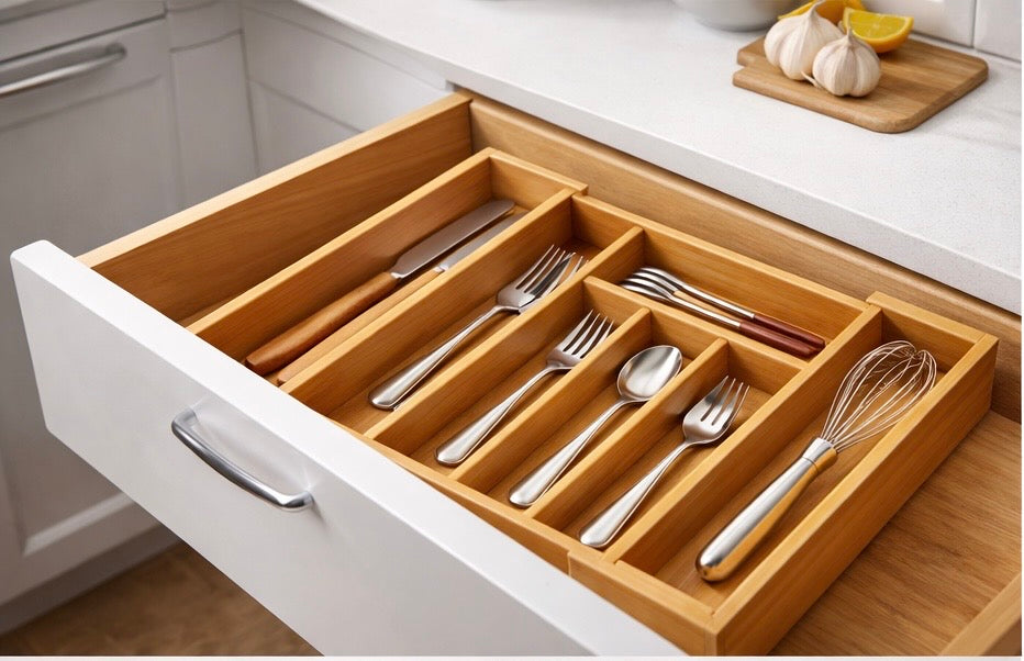 Lanphen™️ Expandable Bamboo Cutlery Organizer – 7 Compartment Drawer Organizer