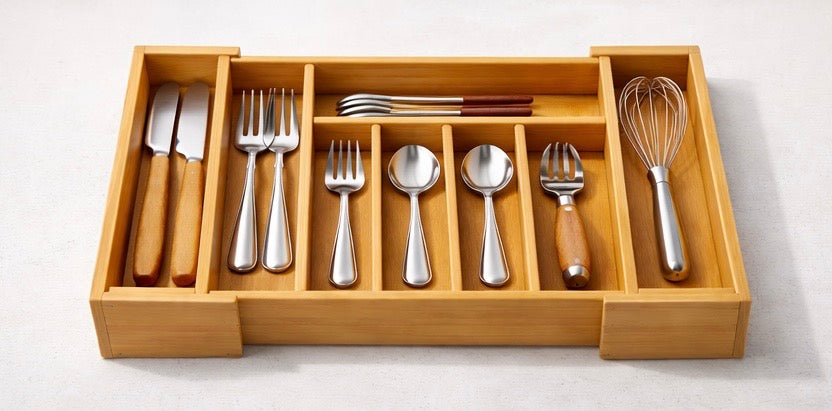 Lanphen™️ Expandable Bamboo Cutlery Organizer – 7 Compartment Drawer Organizer