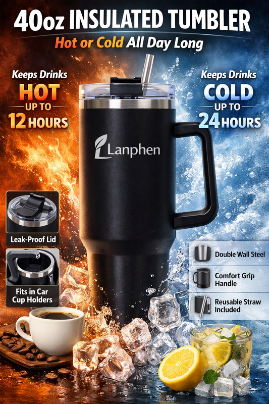 Lanphen™️ 40oz Stainless Steel Insulated Tumbler – Thermal Travel Mug with Lid & Straw