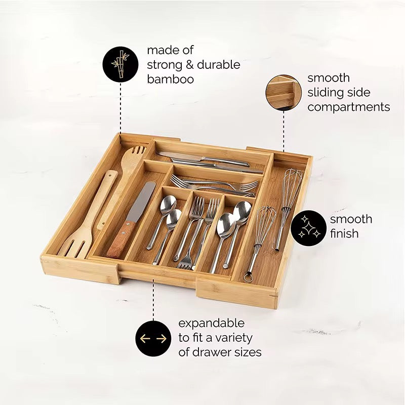 Lanphen™️ Expandable Bamboo Cutlery Organizer – 8 Compartment Drawer Organizer